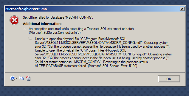 hierarki patron krøllet MSCRM_CONFIG database error: the process cannot access the file because it  is being used by another process