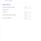 select Off for All Dynamics 365 Sales apps and then select On only for the Sales Hub app.